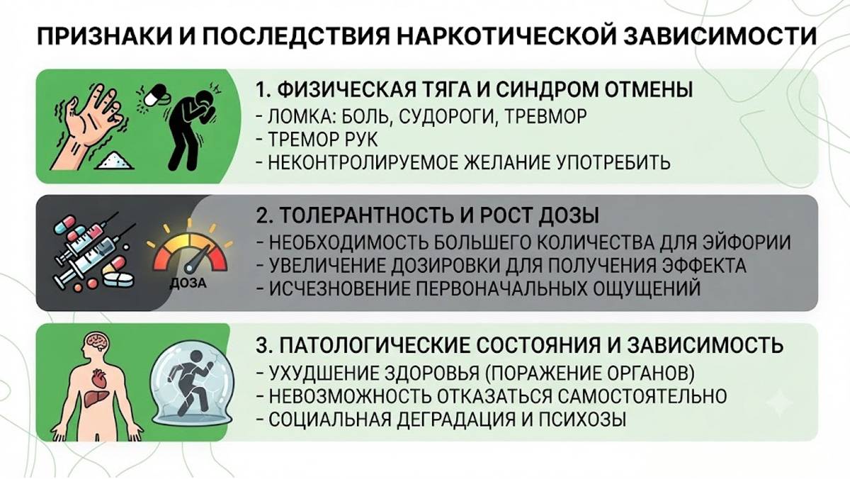 Инфографика, описывающая признаки и последствия наркотической зависимости.